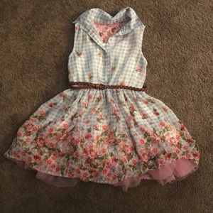 Girls Blue / White Gingham dress with pink flowers size 6
